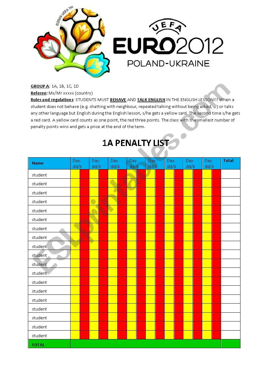 Euro 2012 penalty game worksheet