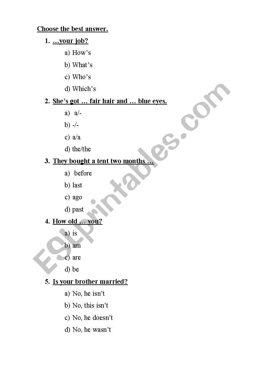 Test Starter worksheet