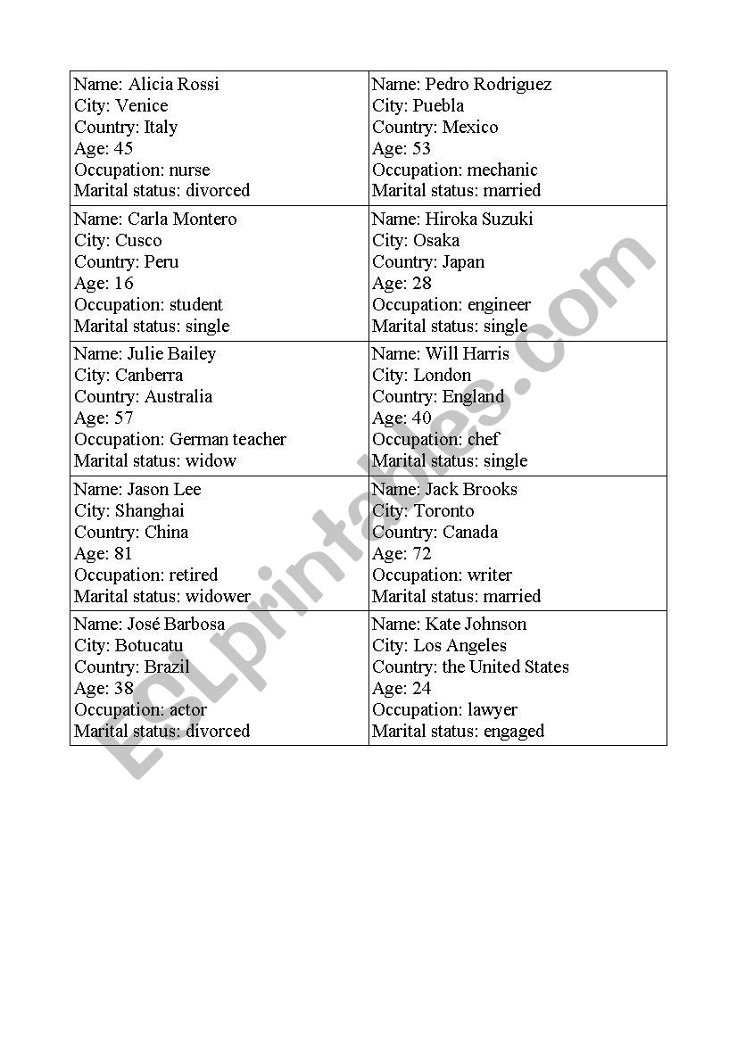 Personal information cards worksheet