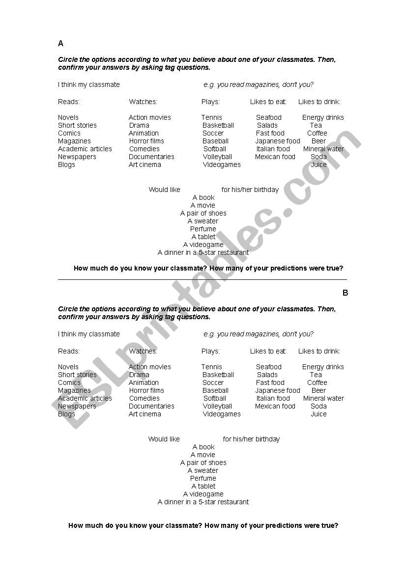 Tag Questions Icebreaker  worksheet