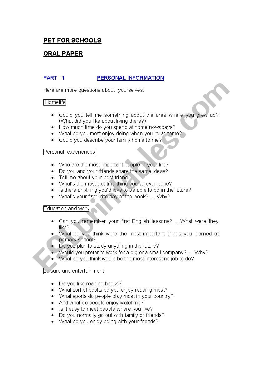 PET FOR SCHOOLS ORAL PAPER worksheet