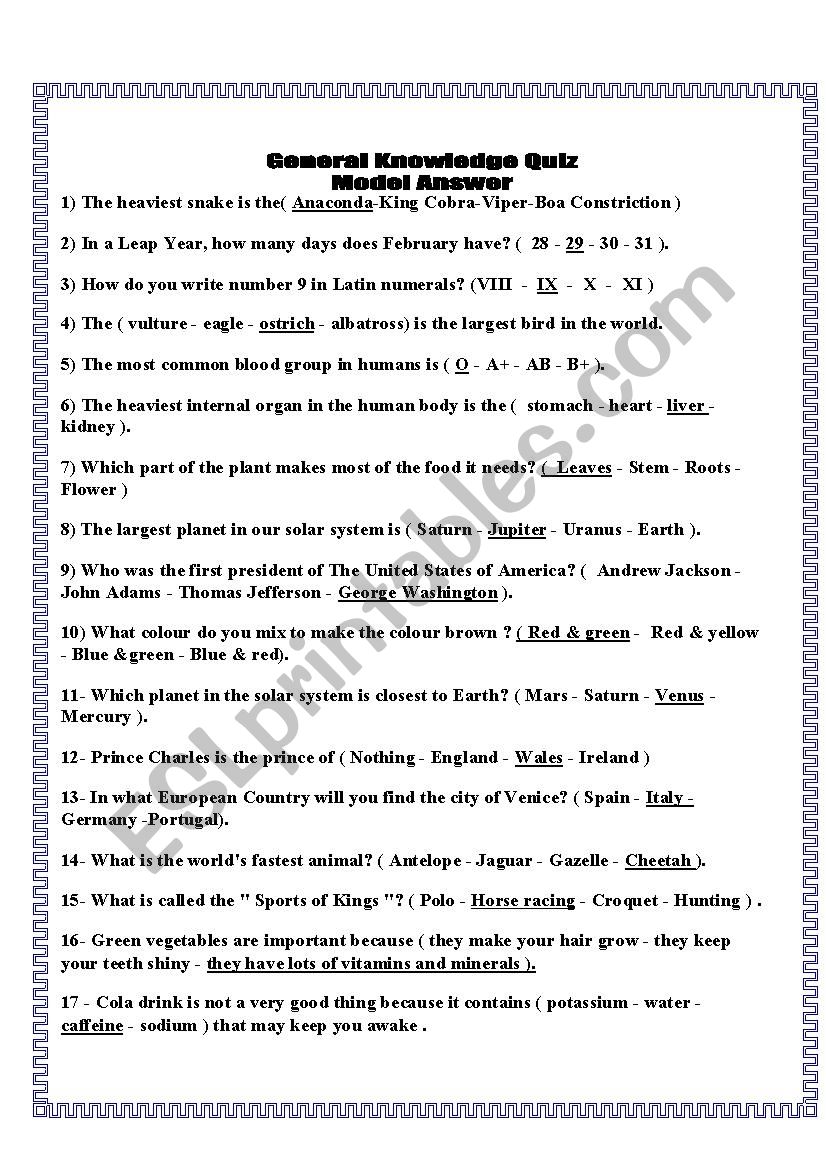 General Knowledge worksheet