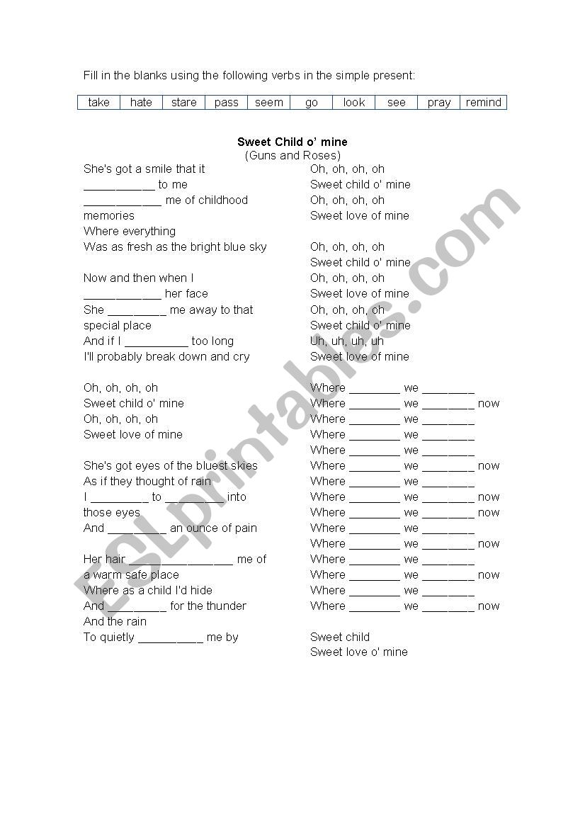 Sweet child o mine by Guns and Roses (Simple Present Activity)