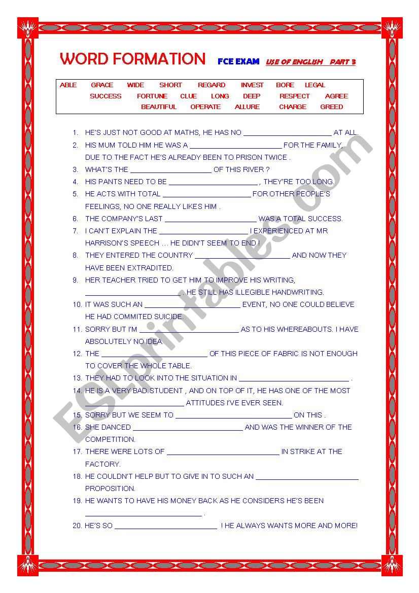 FCE word formation worksheet