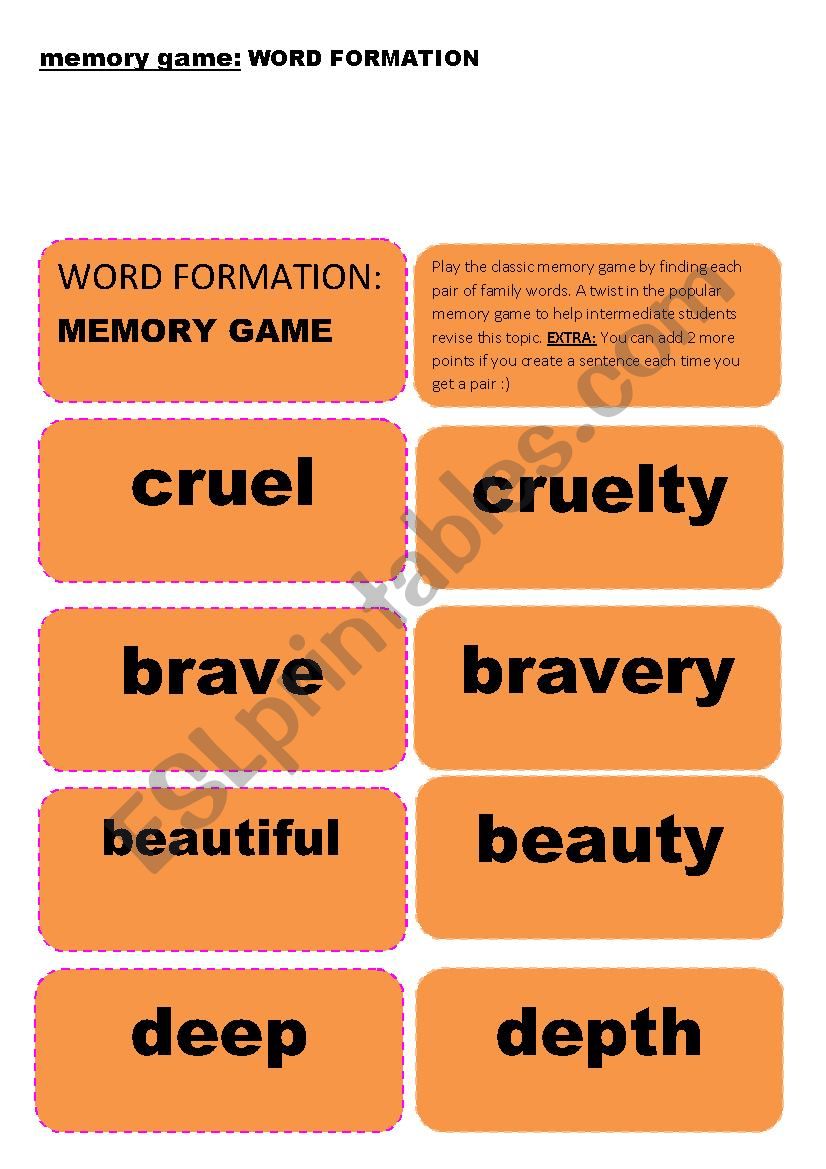Memory GAME on WORD FORMATION worksheet