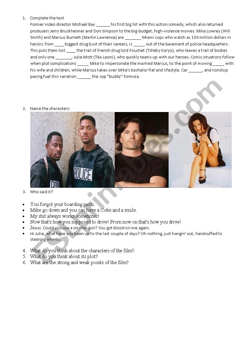 Bad Boys worksheet