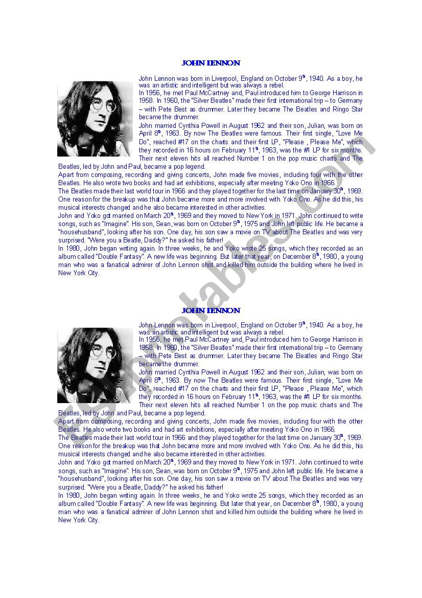 John Lennon Biography worksheet