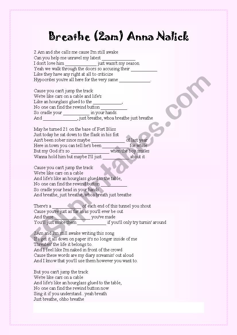 Song: Breathe (Anna Nalick) worksheet