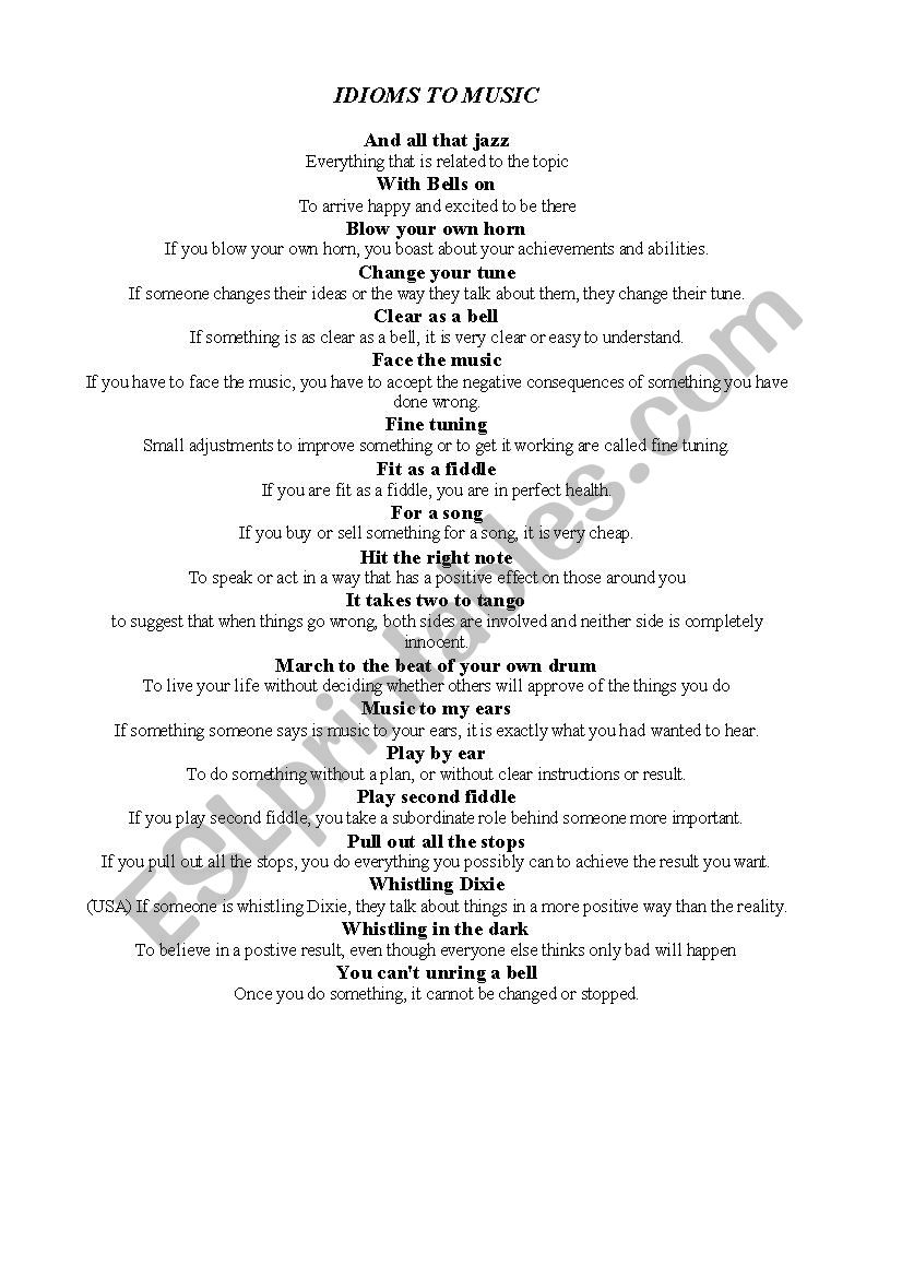 Idioms to Music worksheet