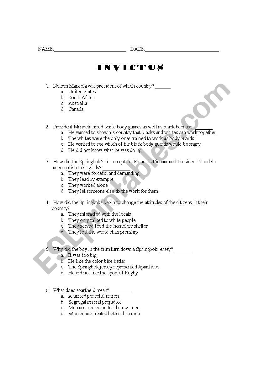 Invictus Movie Worksheet worksheet