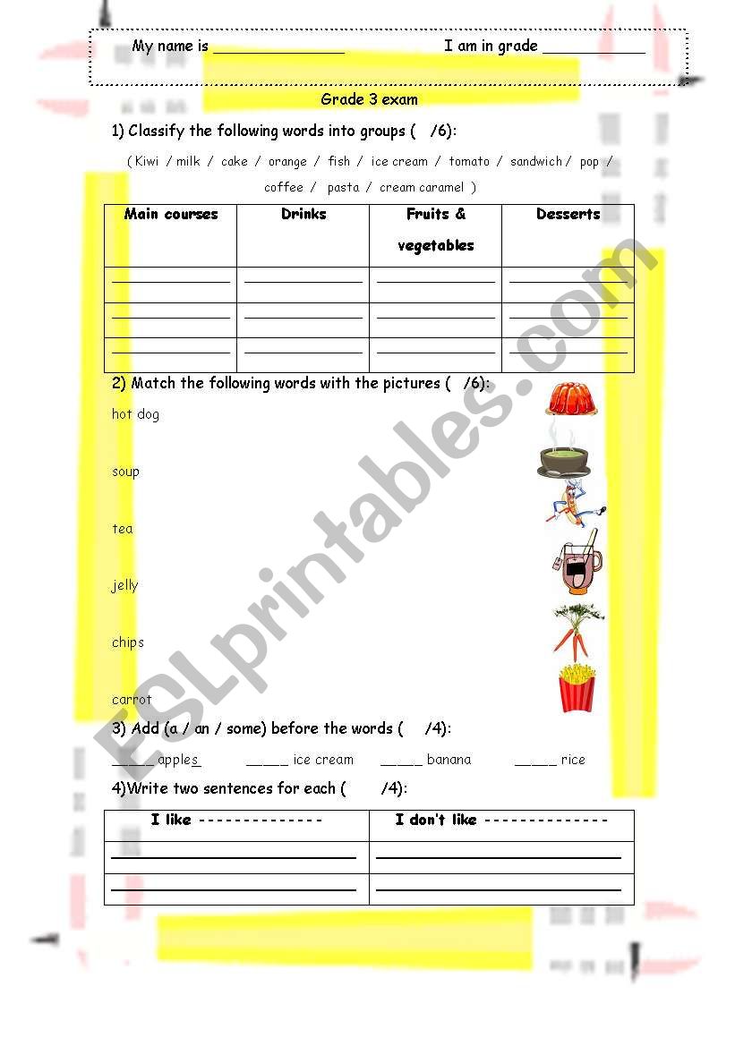 food worksheet