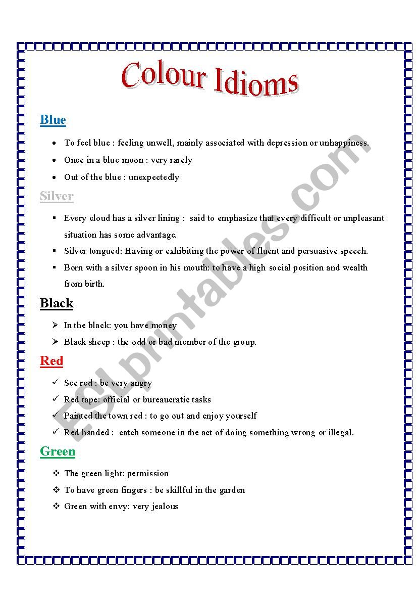 colour idioms  worksheet