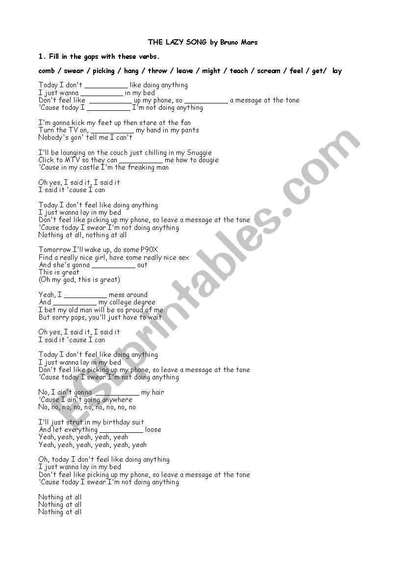 The Lazy Song (by Bruno Mars) worksheet