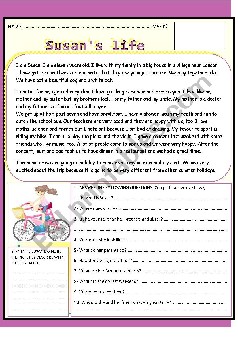 SUSANS LIFE. YOLANDA worksheet