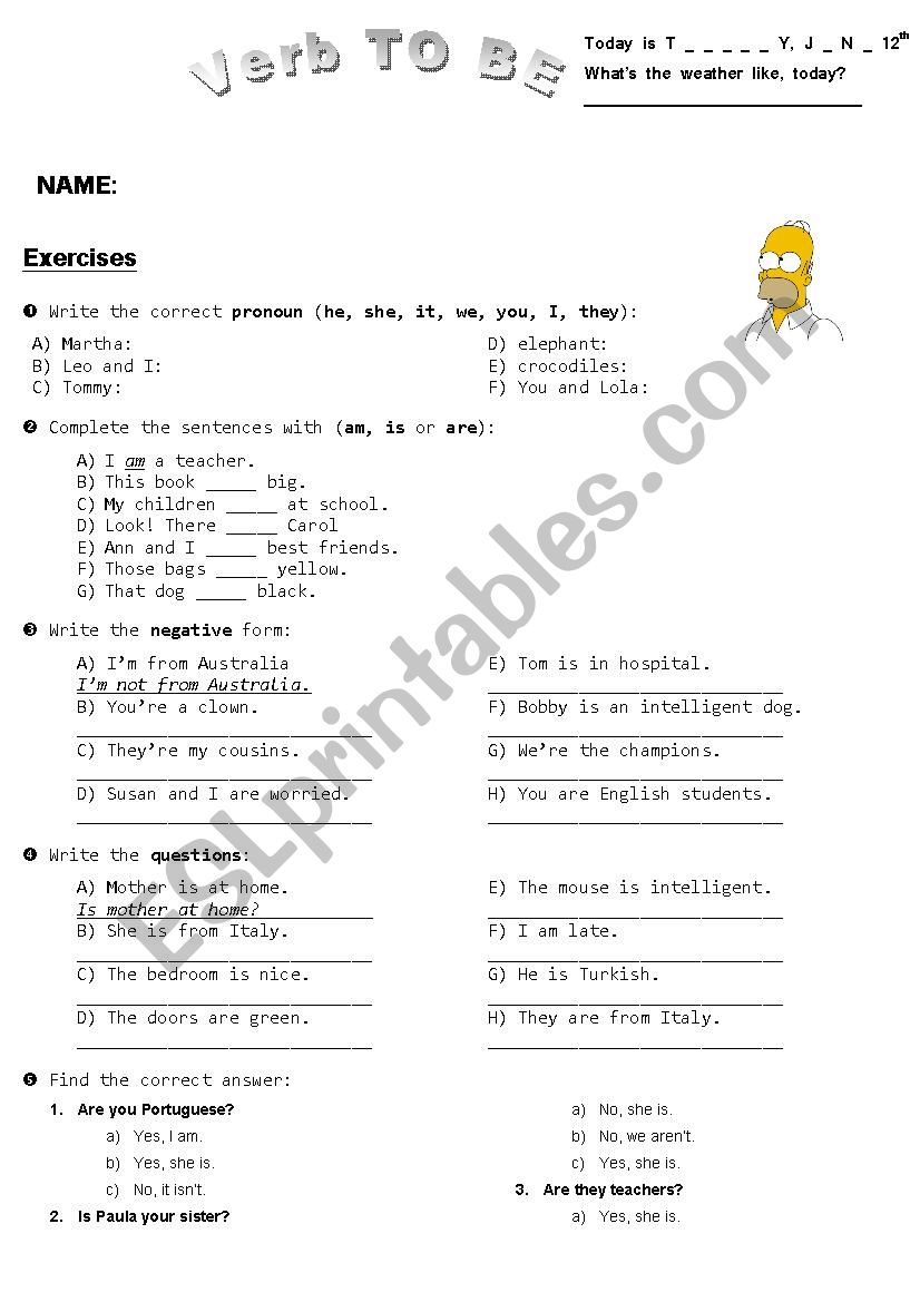 Verb TO BE (Simple Present) worksheet