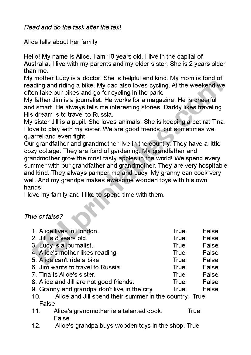 Alice tells about her family worksheet