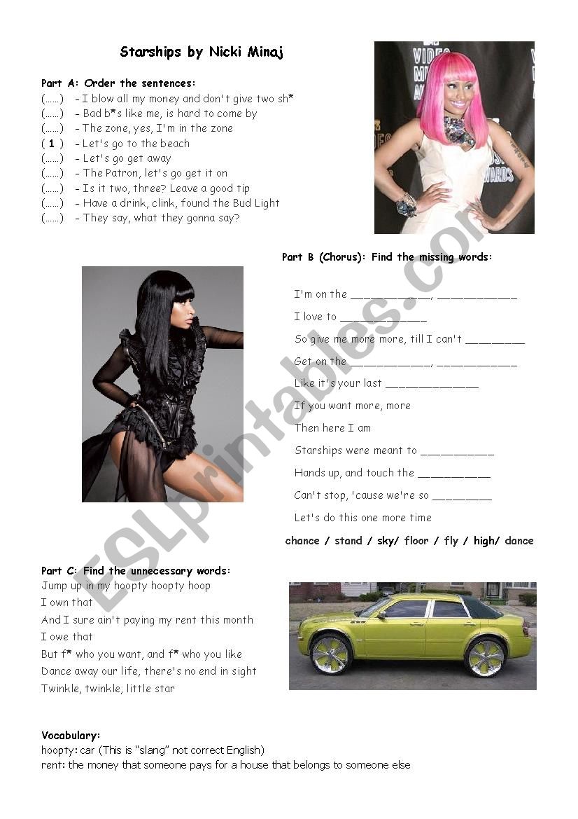 Nicki Minaj Starships worksheet