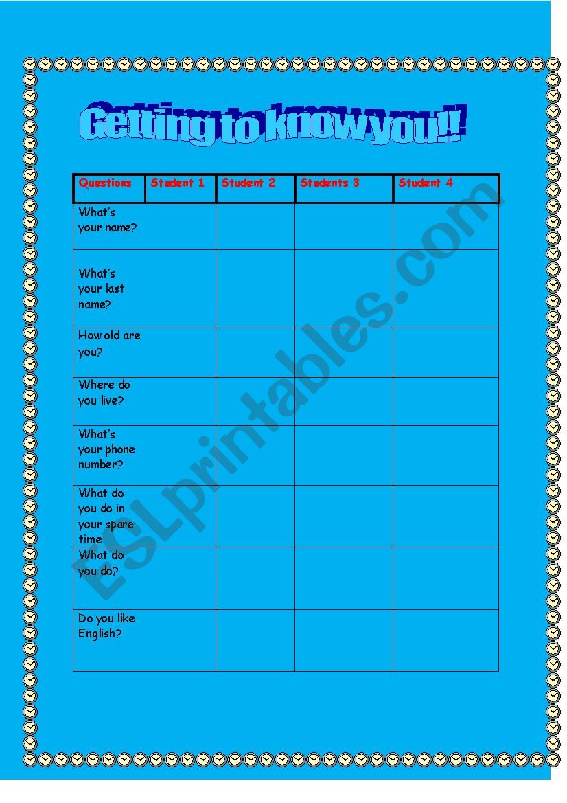 Getting to know you! worksheet