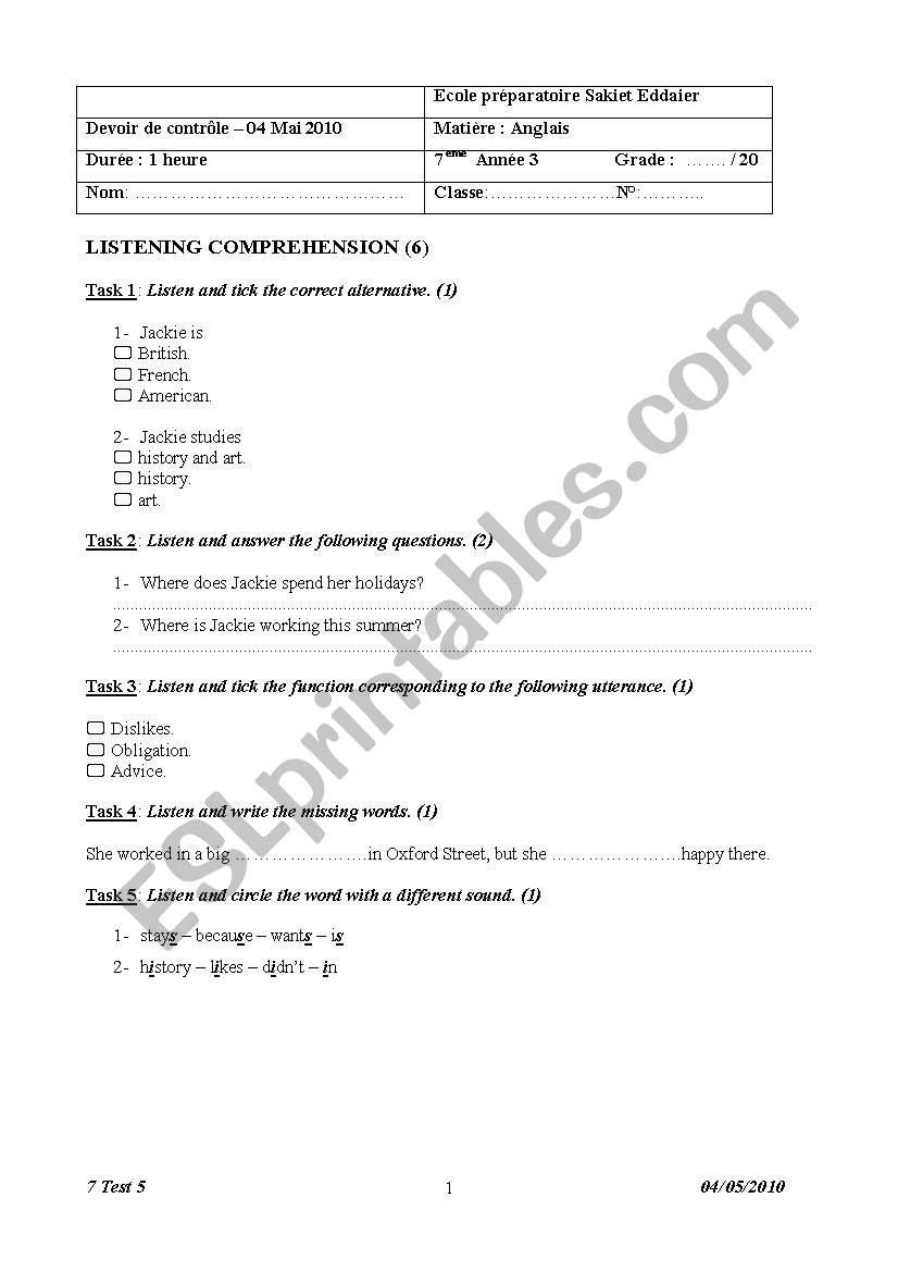 7 Test 5 worksheet