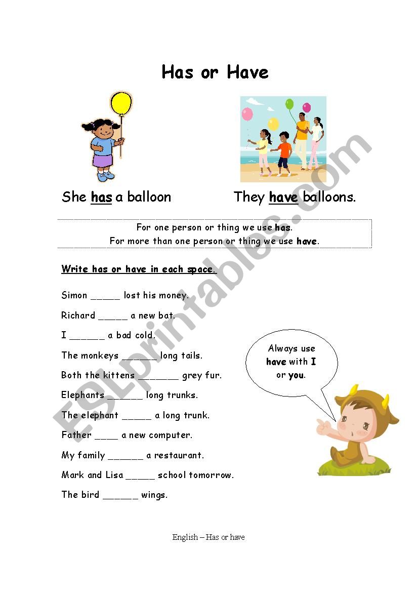 Using has or have worksheet