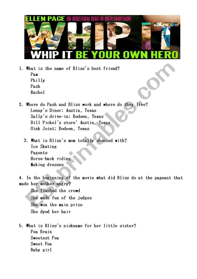 Whip it!! (Film trivia quiz) worksheet