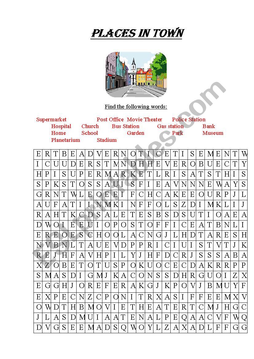 Places in Town word search worksheet