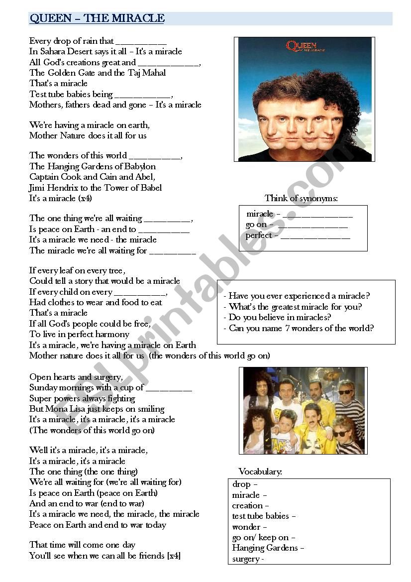 Queen - The Miracle  worksheet