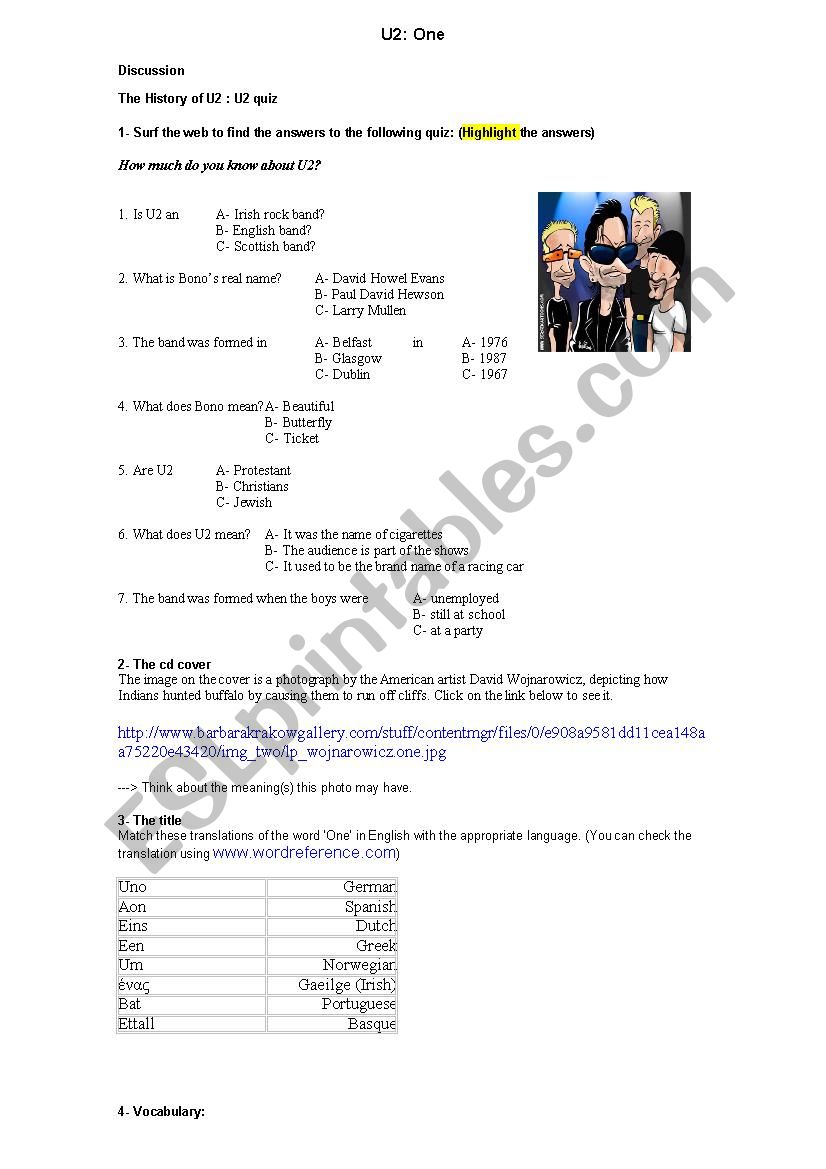 Song One by U2 worksheet