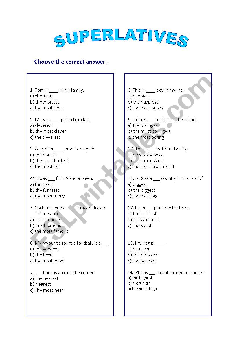 Superlatives quiz worksheet