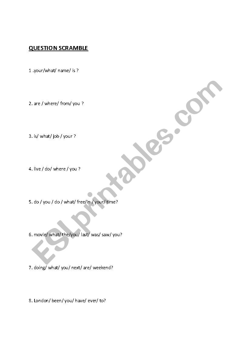 question scramble worksheet