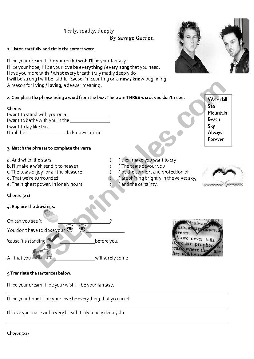 Savage Garden Truly Madly Deeply Esl Worksheet By Ly28