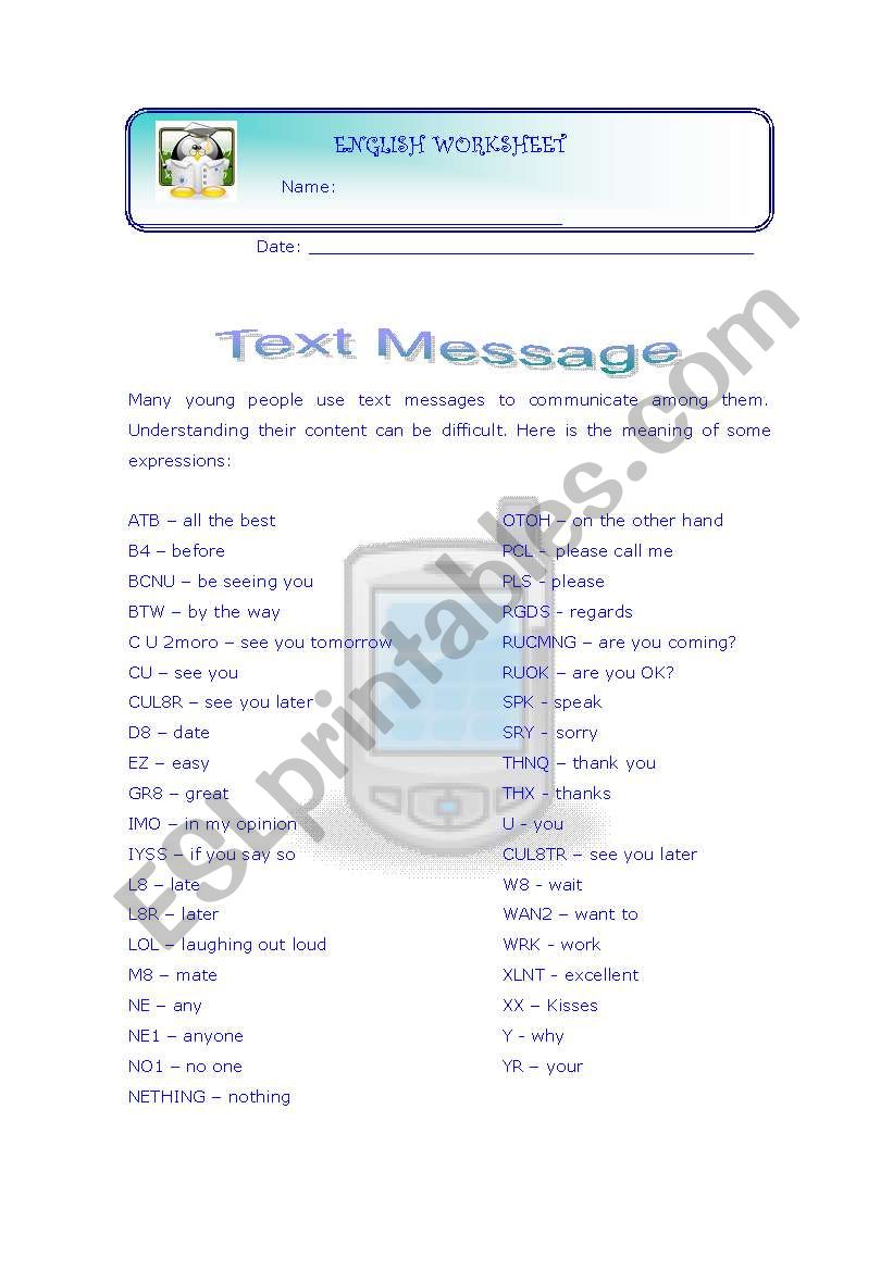 Text message worksheet