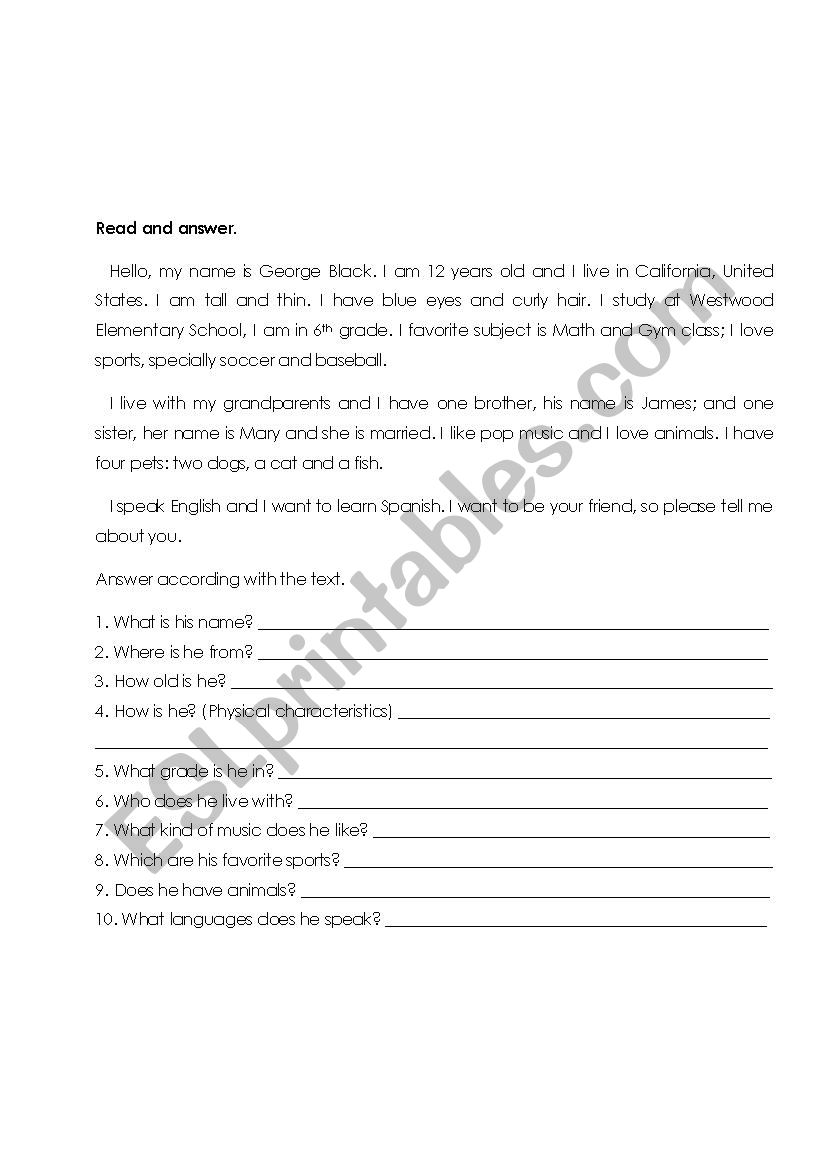 Pen pals worksheet