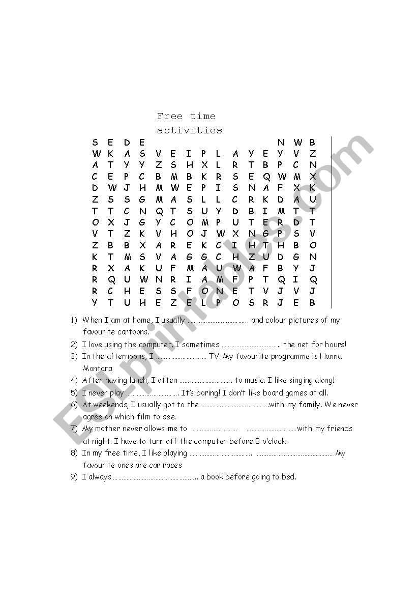 freetime wordseach worksheet