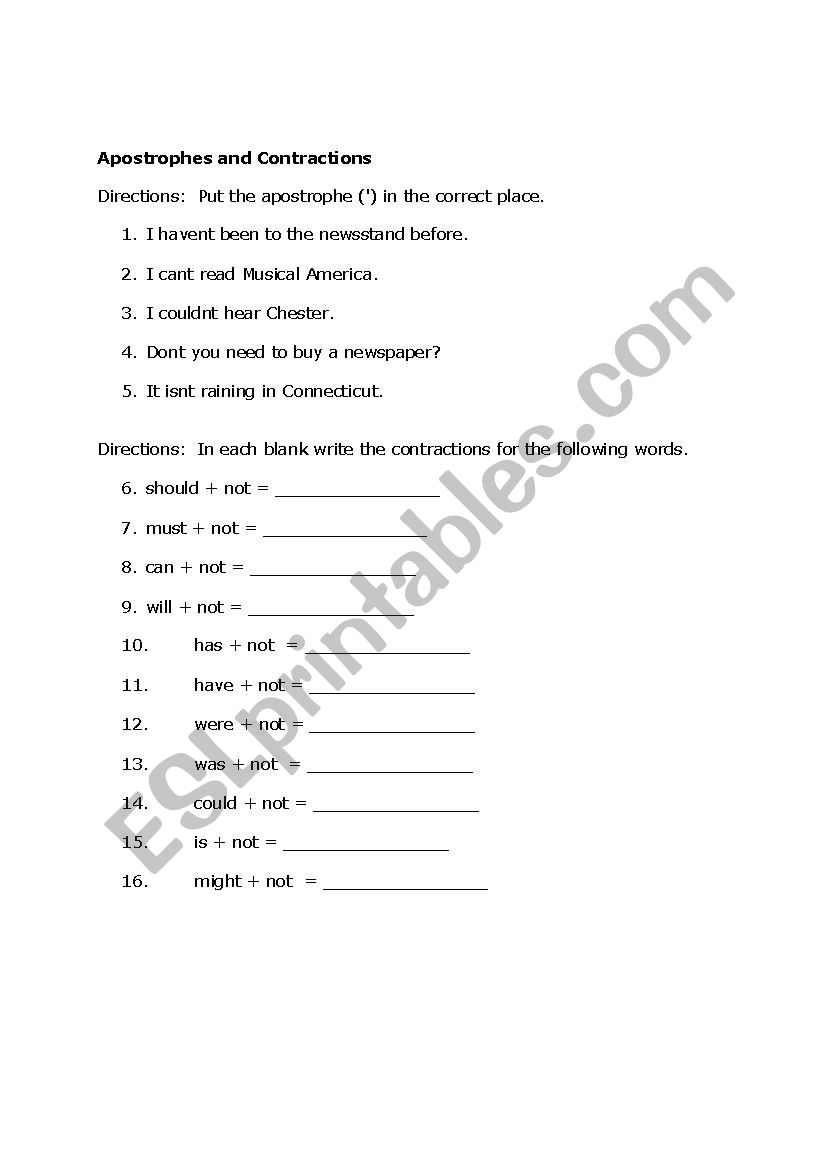 Apostrophes and Contractions worksheet