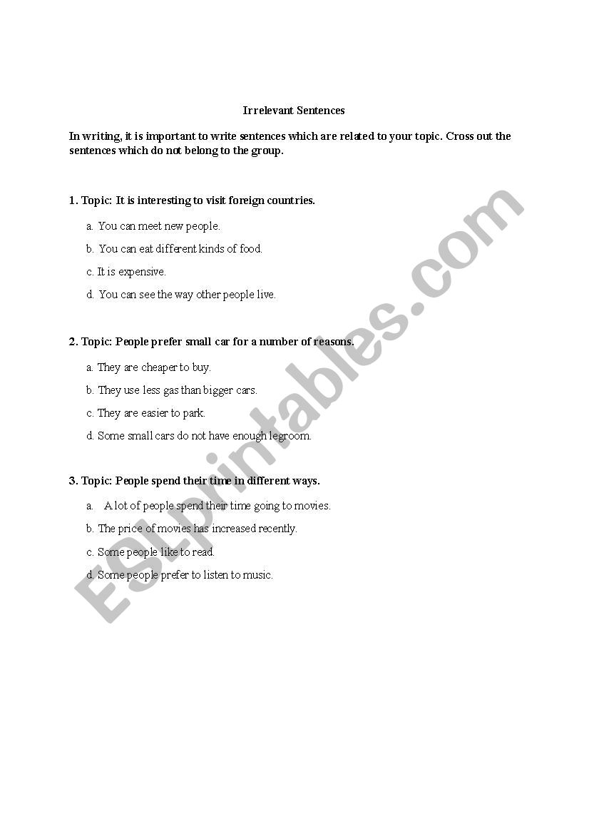 Irrelevant sentences worksheet