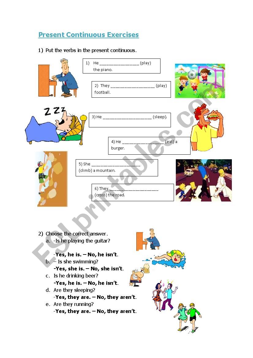 Present Continuous Exercises (B&W version included)