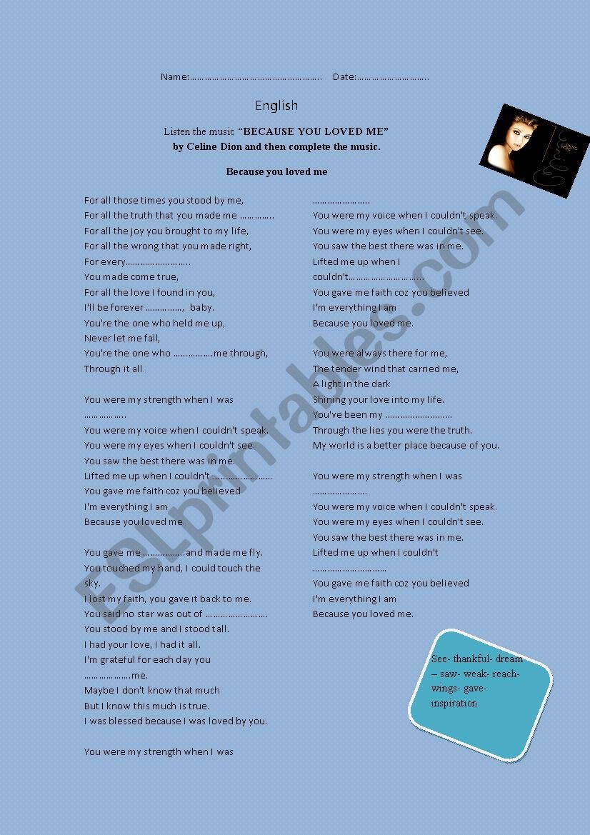 Because you loved me- music worksheet