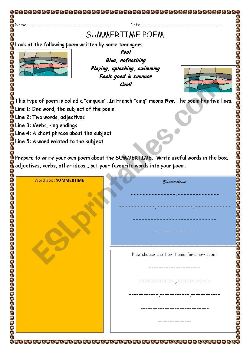 SUMMERTIME POEM worksheet