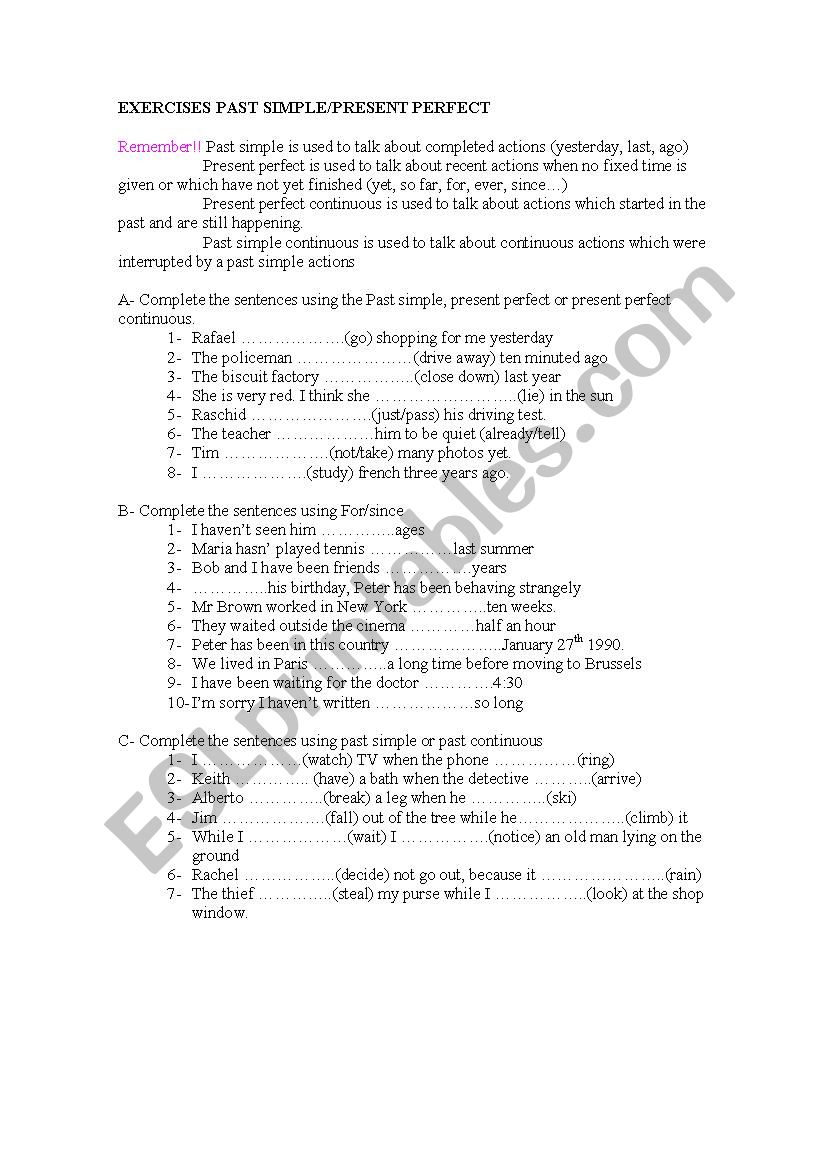 PAST SIMPLE/CONTINUOUS AND PRESENT PERFECT