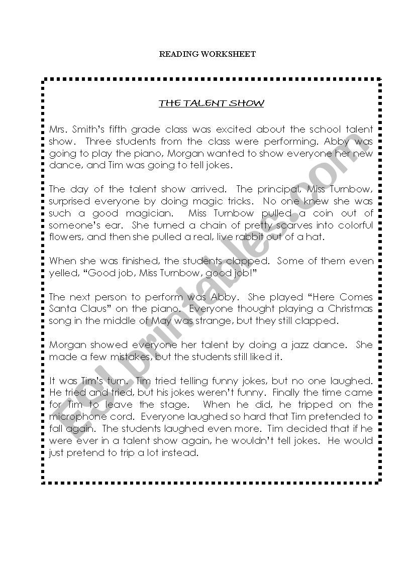 Reading Worksheet - The Talent Show