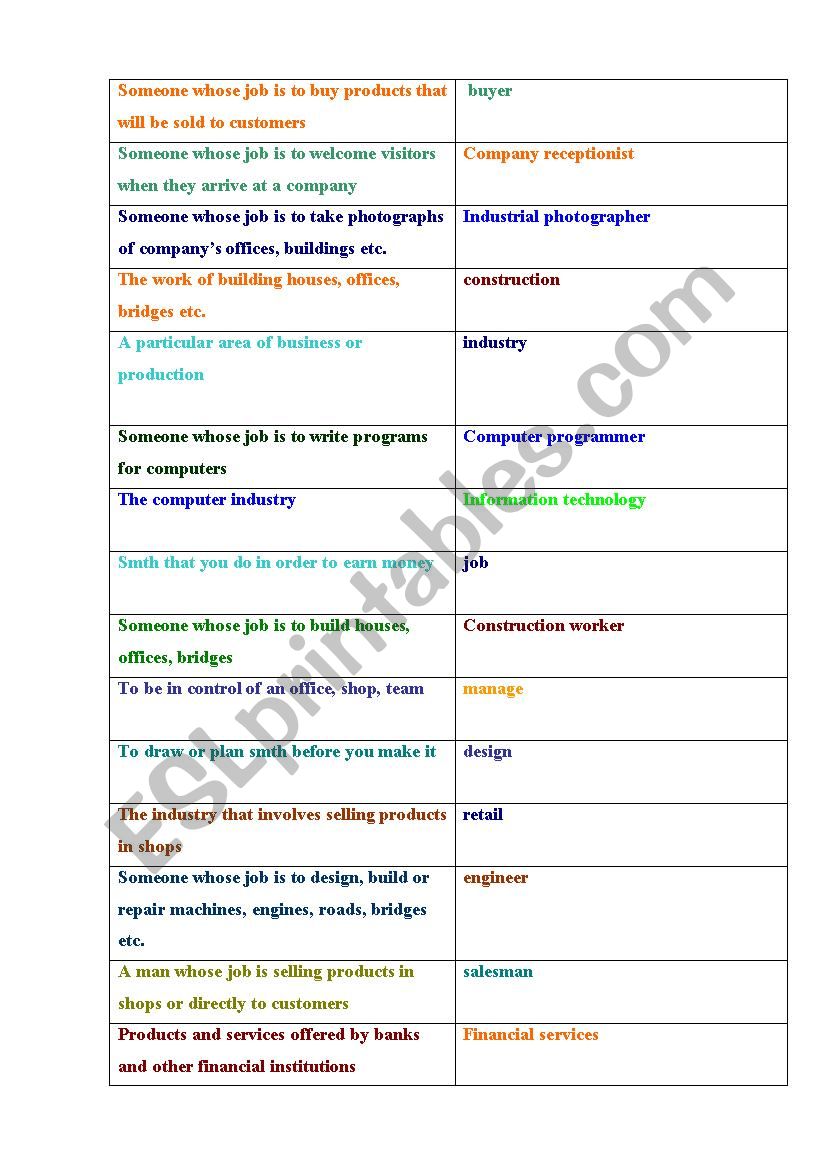 Vocabulary cards worksheet