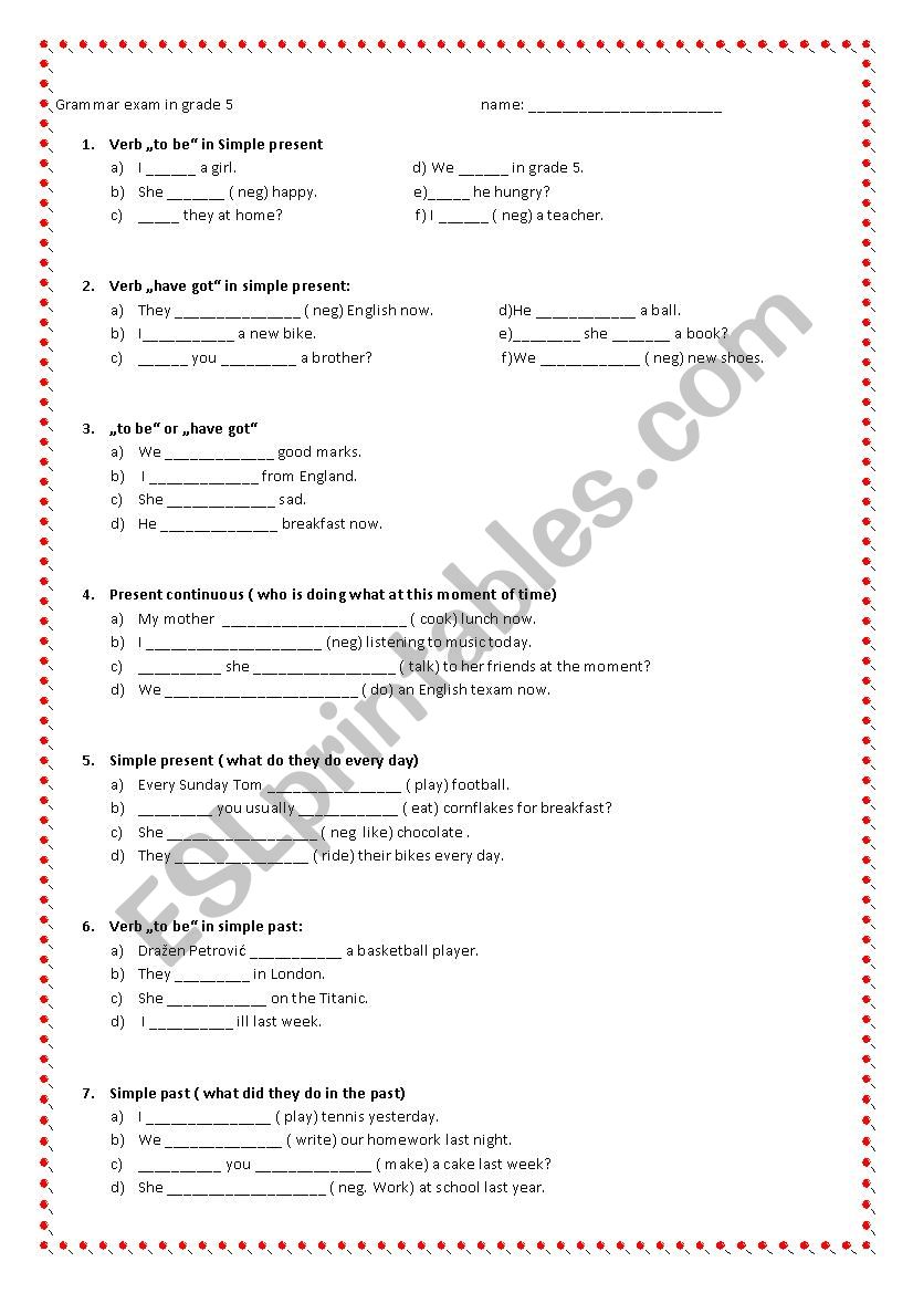 grammar exam in grade5 worksheet