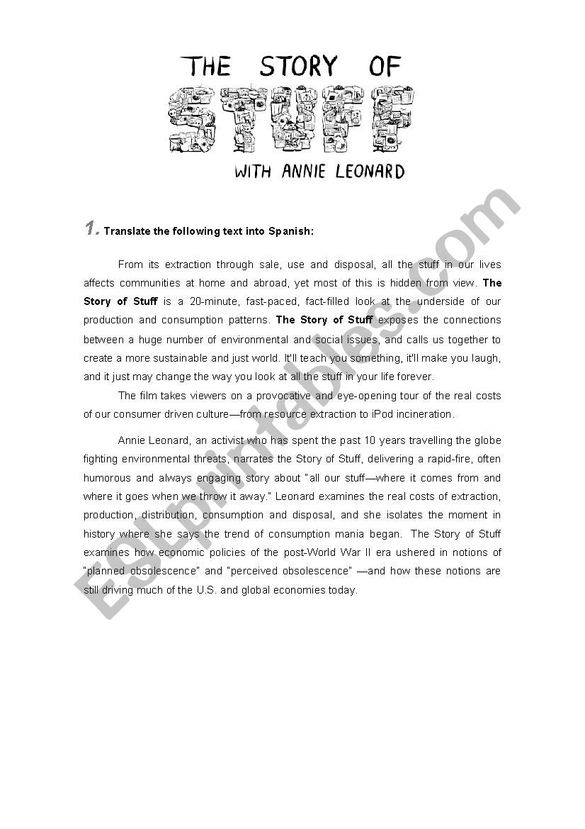 Story of Stuff - Worksheet - ESL worksheet by luisopia Regarding The Story Of Stuff Worksheet