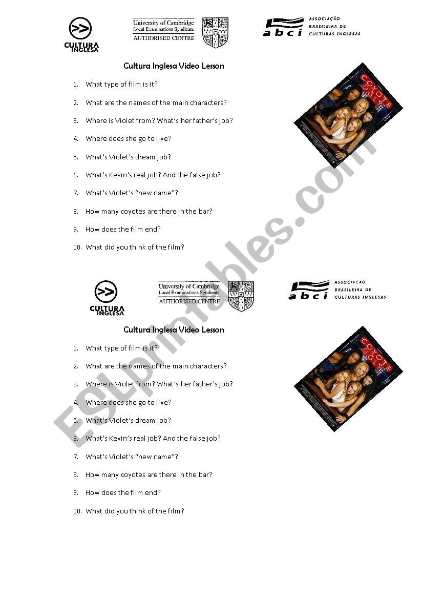 Coyote Ugly Film Act worksheet