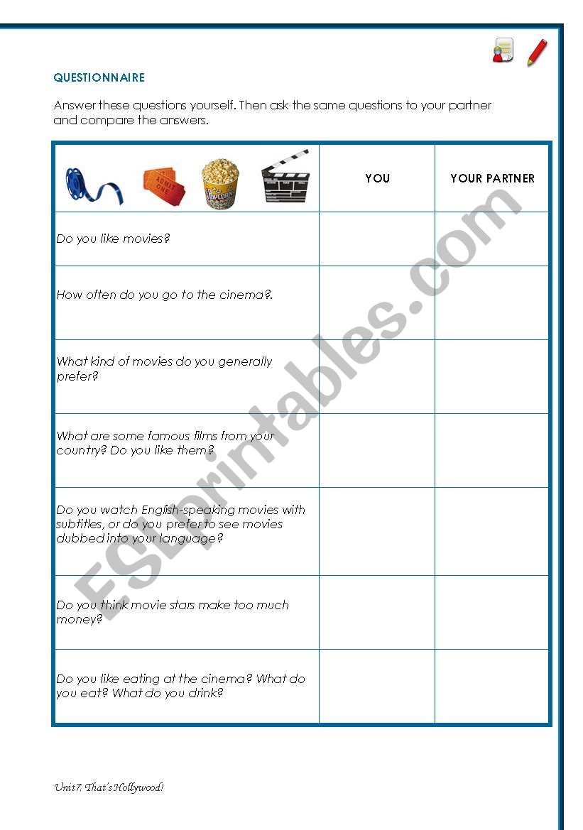 Questionnaire about cinema worksheet