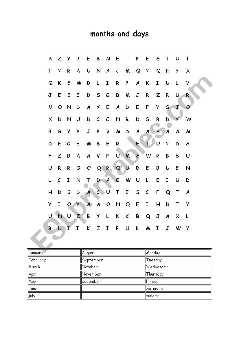 word search months and days in English