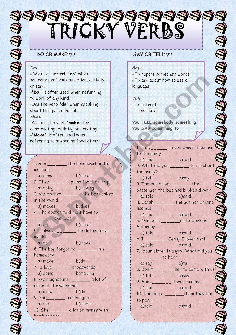 tricky verbs do-make; say-tell