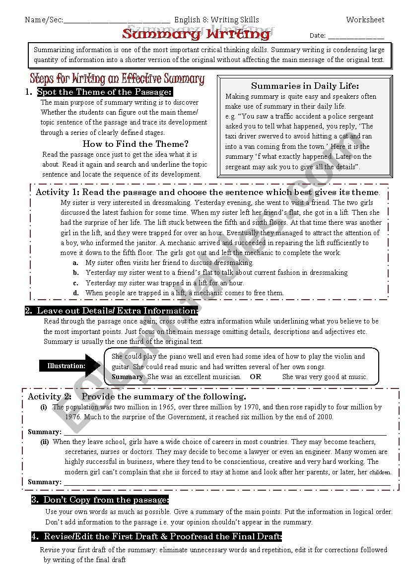 Summary Writing worksheet