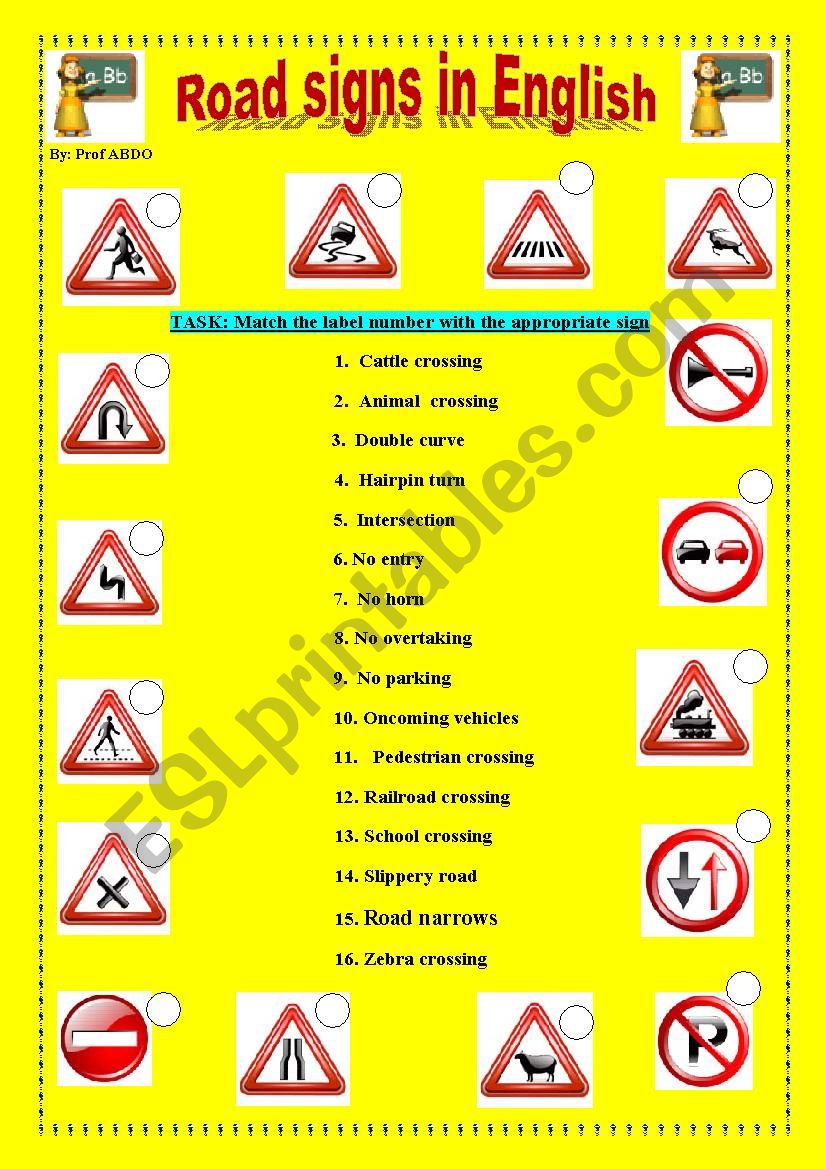 Road signs worksheet